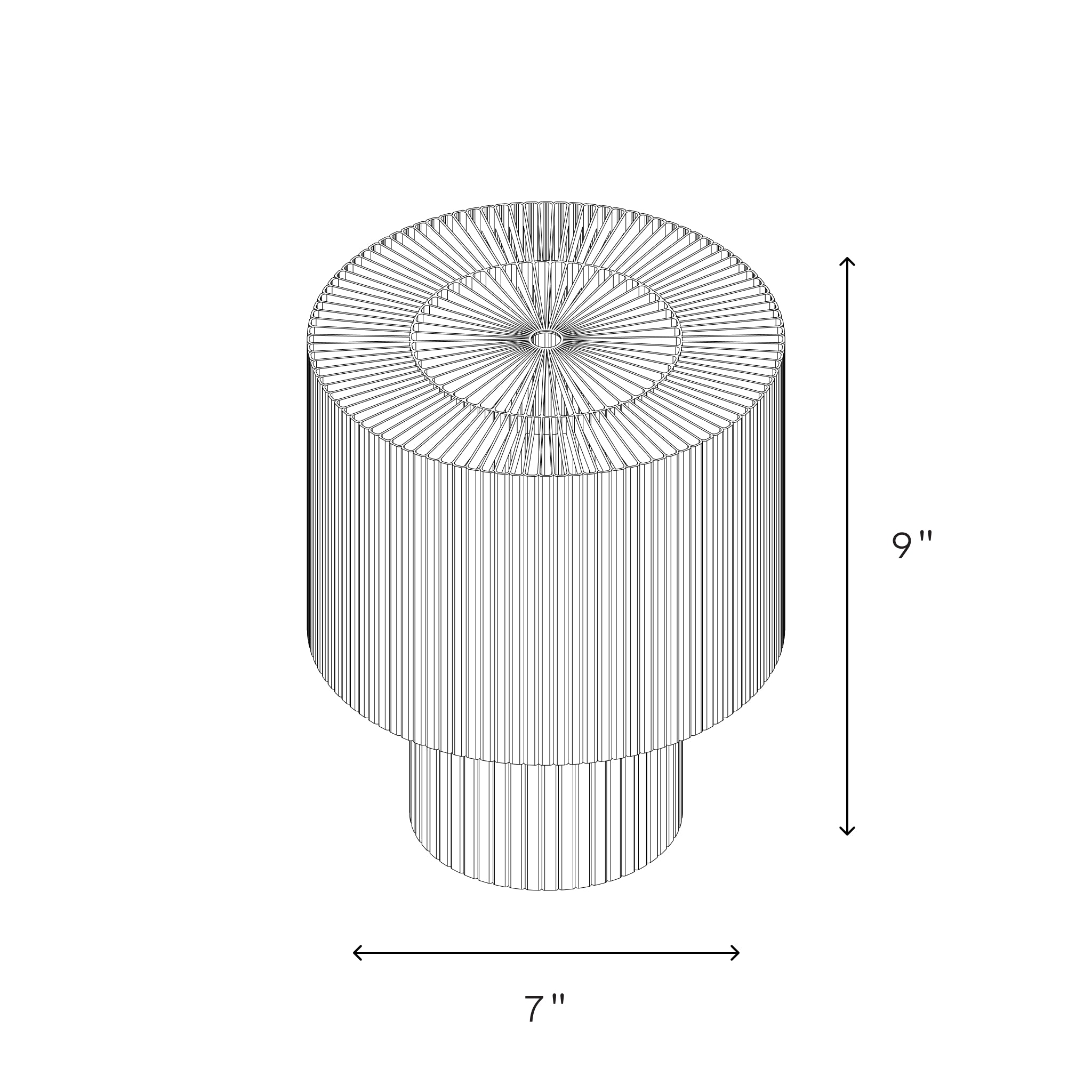 Image of dimensions of drum lamp, 9 inches tall and 7 inches wide