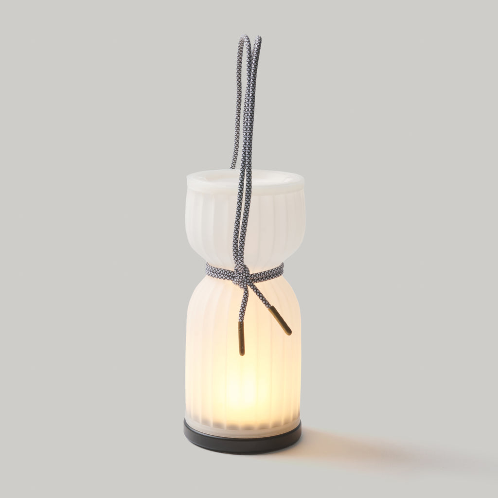 Cordless Camp Lantern with black and white cord on white background
