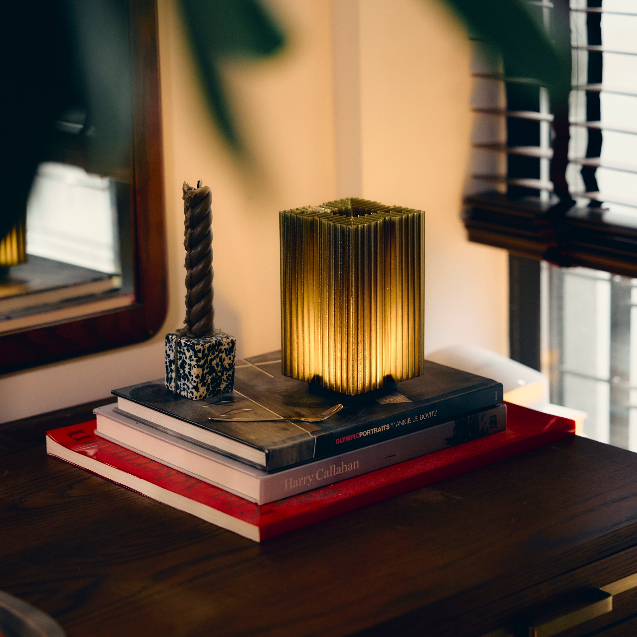 Cordless mini brut lamp in olive oil on stack of books