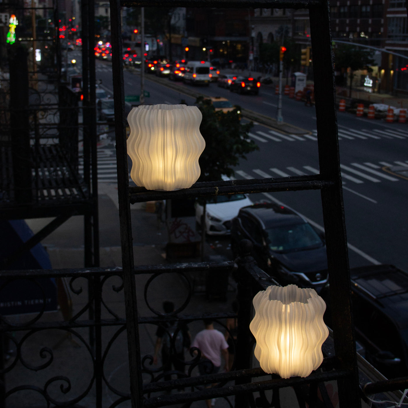 Cordless Mini Wavy Lamps on fire escape
