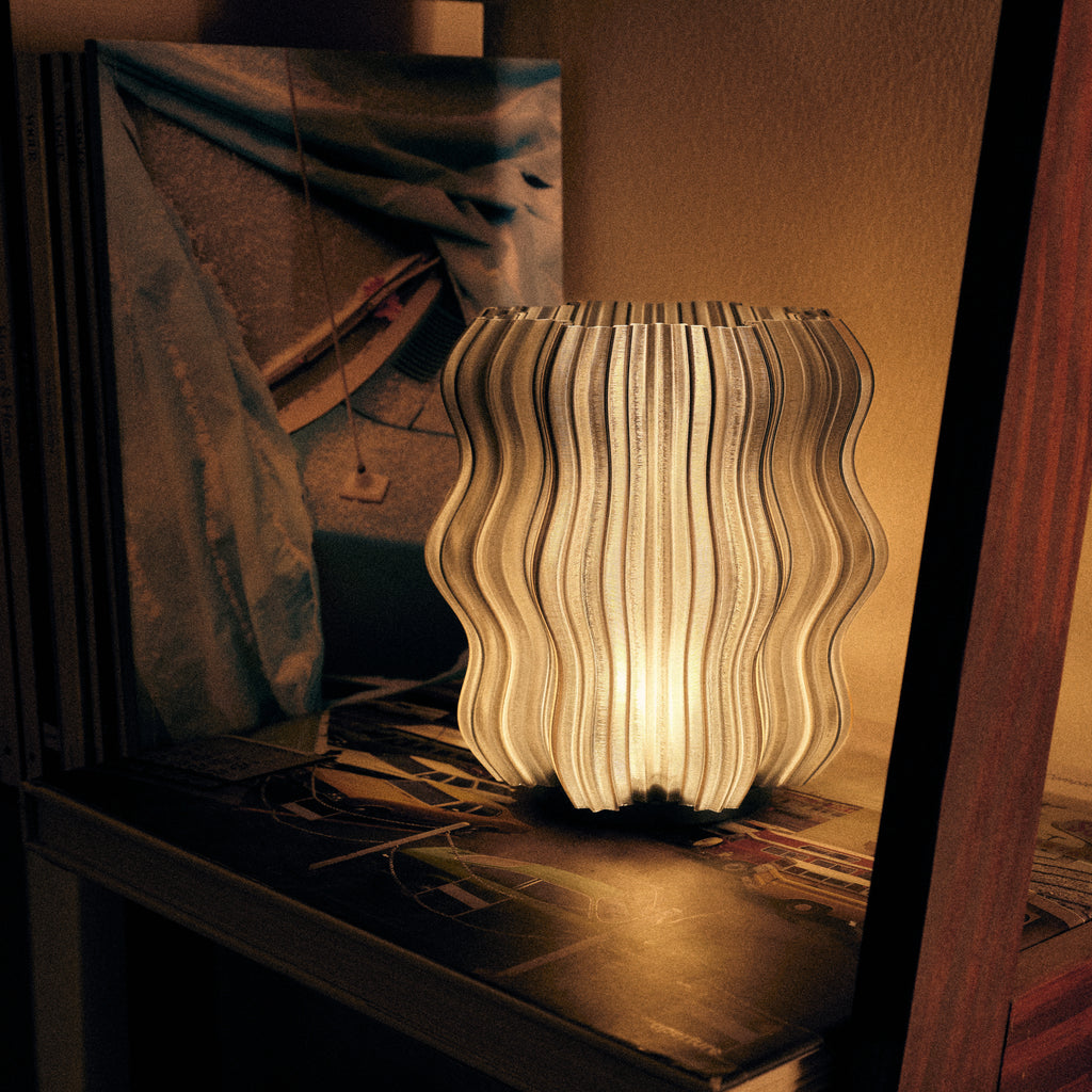 Mini Wavy Lamp in Smoke on shelf