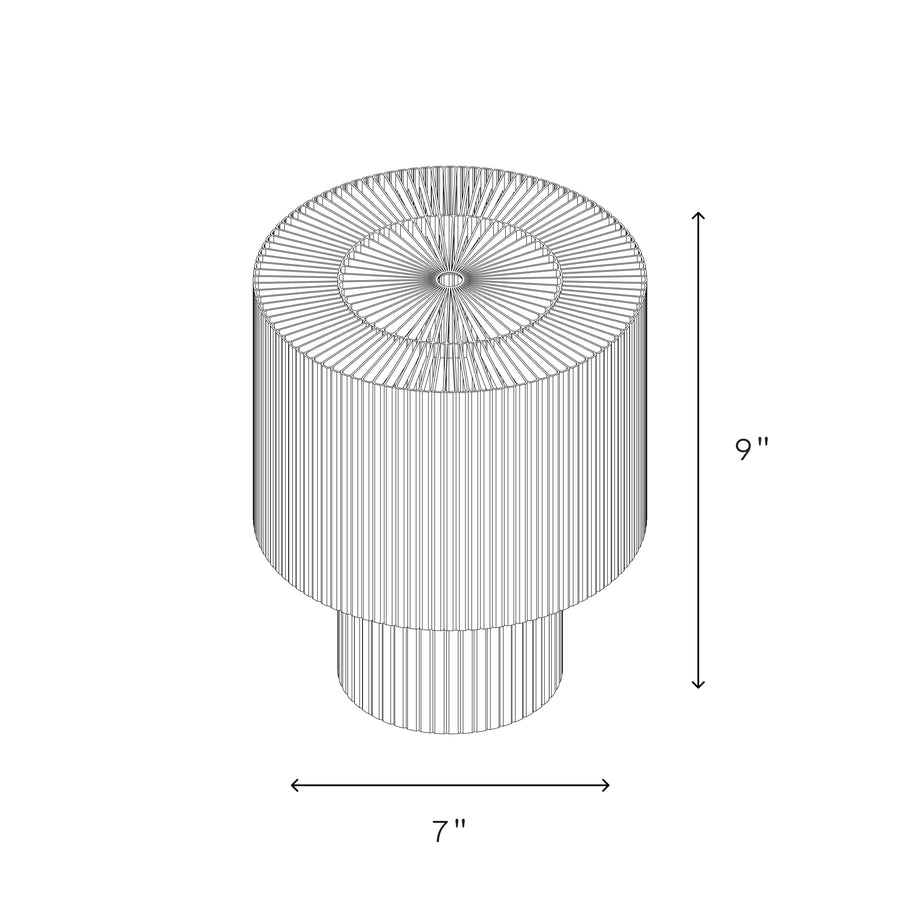Image of dimensions of drum lamp, 9 inches tall and 7 inches wide