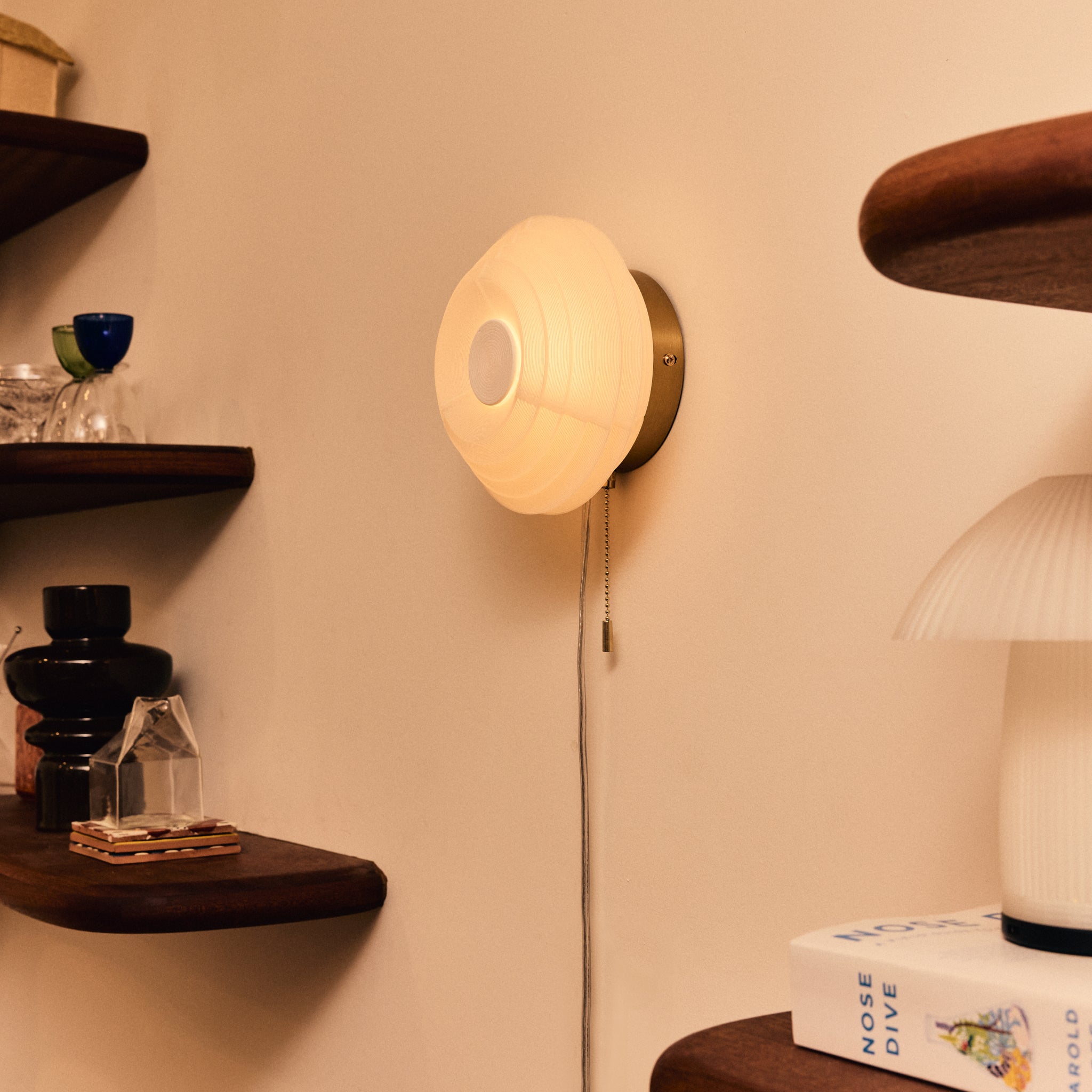 Offset Sconce on wall with wooden shelves